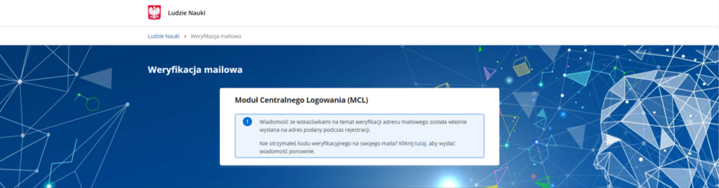 Ekran zakładania konta MCL. Komunikat informuje o tym, że link weryfikacyjny został wysłany na adres e-mail podany w poprzednim kroku. 
