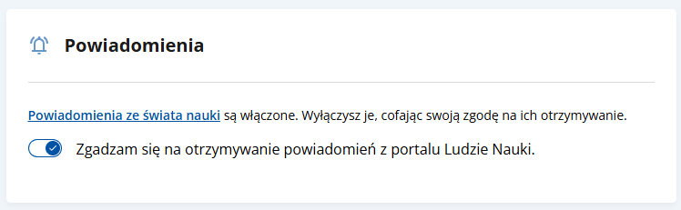 Ustawienia konta, sekcja Powiadomienia. Powiadomienia z portalu nauki można włączać lub wyłączać za pomocą przełącznika, którym potwierdza się zgodę na otrzymywanie powiadomień.