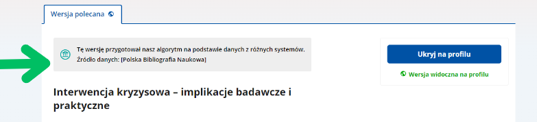 Szczegóły publikacji, panel zarządzania. Zielona strzałka wskazuję informacje o źródle danych. 