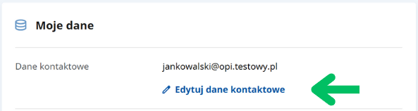 Sekcja Moje dane w Ustawieniach konta. Zielona strzałka wskazuje adres e-mail właściciela konta.