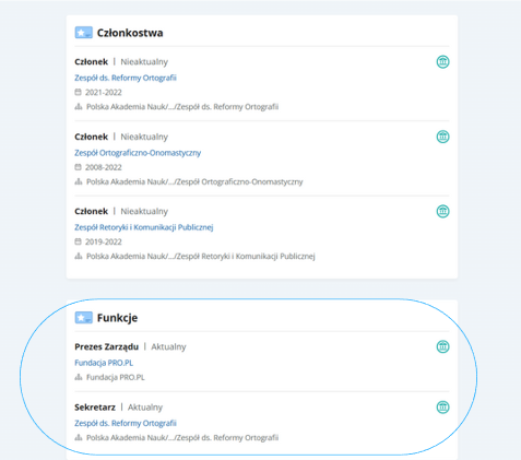 Fragment interfejsu użytkownika portalu Ludzi Nauki - profil naukowca. Sekcja Funkcje widoczna pod sekcją Członkostwa. 
